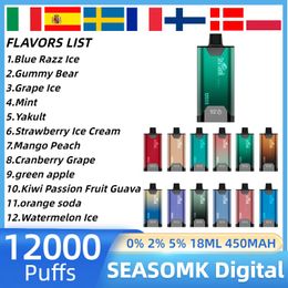 SEASOMK Digital 12000 bouffées Vape jetable Prérempli Capacité 20 ml Stylo vape à affichage numérique Batterie rechargeable 450 mah 0% 2% 5% Barre de vape Pod vs ELF Puff 12000 14000