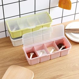 Caja de condimentos, contenedor de almacenamiento, tarro de especias, 4 celdas con cuchara, caja de especias, contenedor de almacenamiento, tarros de condimentos para especias