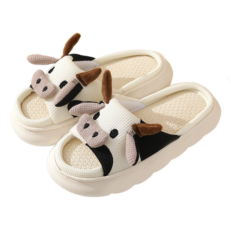 Seasons Non-slip Cotton Linen Sandals Cute Cartoon Cow Linen Slippers Universal Indoor Home