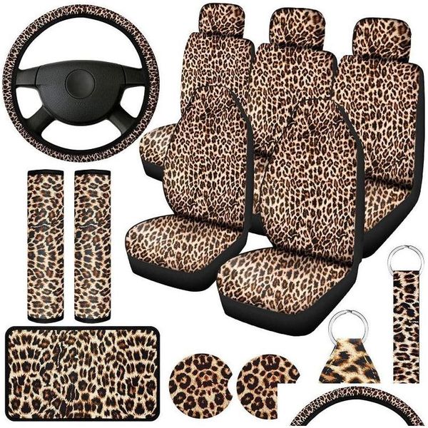 Coussins de siège 13 pcs Leopard Print Car Ers Fl Set Volant Er Coasters Accoudoir Pad Drop Livraison Mobiles Motos Intérieur Dhtu4