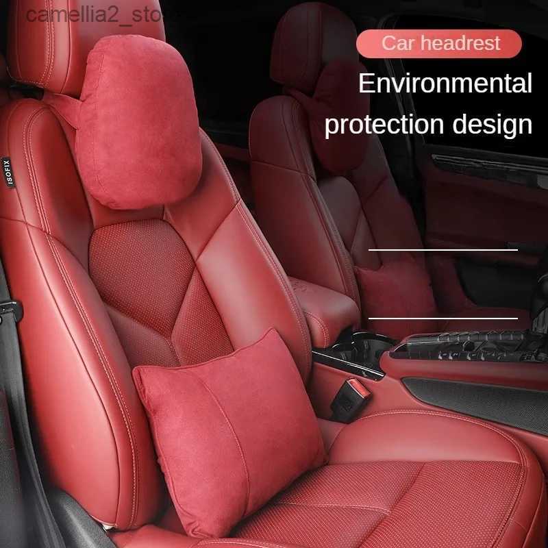 좌석 쿠션 Alcantara 최고 품질의 자동차 헤드 레스트 목지지 좌석 /포르쉐 디자인 소프트 보편적 인 조절 가능한 자동차 베개 목재 휴식 쿠션 Q231018