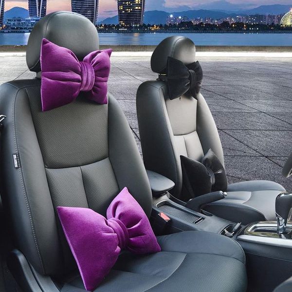 Coussins de siège mignon nœud papillon voiture intérieur accessoires court en peluche appui-tête cou oreiller Auto taille soutien lombaire pour filles femmes