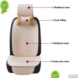 Coussins de siège Nouveau siège de voiture en lin 2023 ER avec coussin de dossier d'oreiller de cou 4 pièces/ensemble protecteur lin avant coussin mobile accessoire intérieur Dhqf7