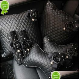 Coussins de siège Nouvelle perle noire Camélia Fleur Accessoires de voiture Cristal Strass Décoration intérieure Volant en cuir Er Seat Pi Dh9Qm