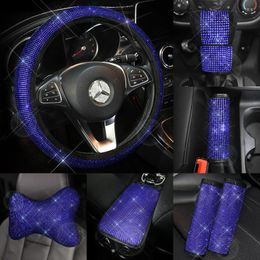 Cojines de asiento Rhinestones Crystal Blue Luxury Car Belt Cover Pad Armrest Volante Volante Cuello Almohada Accesorios interiores