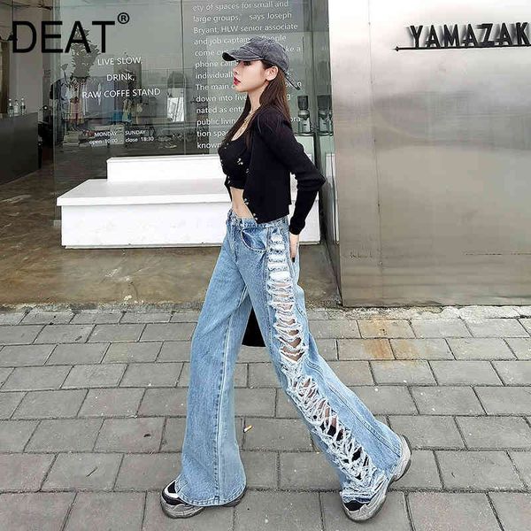 [Siège] taille haute jambe large jeans nouvelles femmes lâches bleu creux déchiré bouton mouche pantalon mode marée été 7E7760 210428