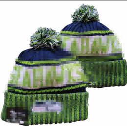 Seattle Bonnets Cap SEA Laine Chaud Sport Tricot Chapeau Hockey Équipe Nord-Américaine Rayé Sideline USA College Cuffed Pom Chapeaux Hommes Femmes A3