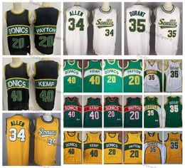 Mens Seattle Vintage Basketbal Jerseys 34 Ray Allen 35 Kevin Durant 20 The Glove Gary Payton 40 Regign Man Shawn Kemp Stikte Shirts Groen wit