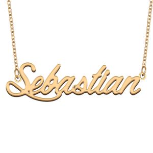 Collier nom Sebastian personnalisé pendentif plaque signalétique pour femmes filles cadeau d'anniversaire enfants meilleurs amis bijoux en acier inoxydable plaqué or 18 carats