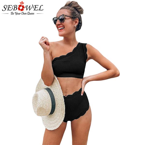 SEBOWEL noir taille haute festonné garniture une épaule Bikini bord ondulé deux pièces maillots de bain femmes Cintura Alta 2019 ensemble couvrir