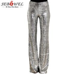 Sebowel Lange Wijde Pijpen Pailletten Broek Vrouw Glitter Zilver Zwart Hoge Taille Broek Voor Vrouwelijke Party Dance Uitlopende Benen Broek 2019 Y9063625