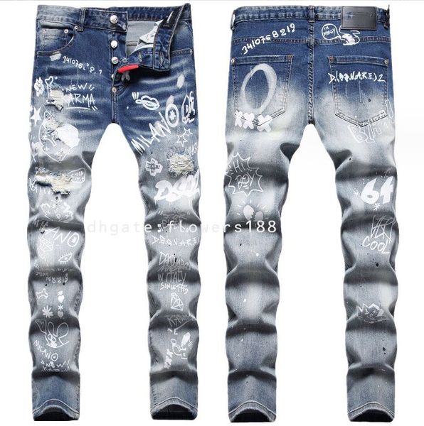 Deuxième carré jean Redmen's Jeans européen et américain italien à tendance patch chaotique broderie à imprimé numérique déchiré