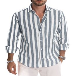 Secret Men is Camisas de vestir de lino casual a rayas con botones de manga larga