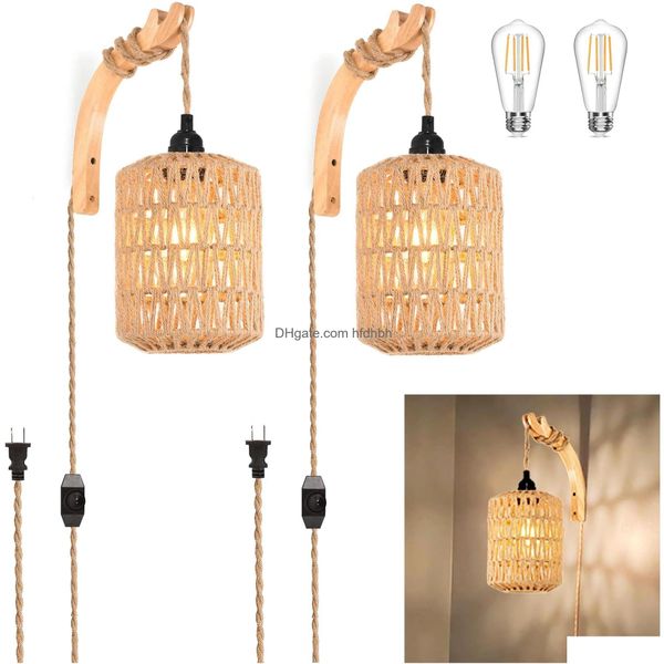 Éclairage de sécurité Plug In Wall Sconces Ensemble de deux lampes Boho en rotin à deux mains avec cordon tissé décor lampes suspendues livraison directe lumières Outd Dhyqw