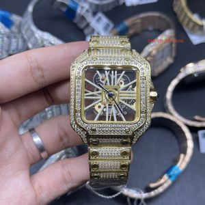 Voir Squelette de cadran à travers la montre en acier inoxydable Gold Watches Quartz Movement Men S New Ice Diamonds E Diamond