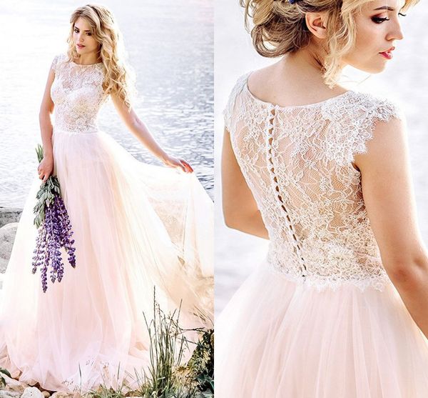 Voir Bien Top Dentelle Tulle Plage Robes De Mariée Blush Rose Bateau À Manches Courtes Empire Taille Robe De Réception De Mariage Robes De Mariée Pas Cher