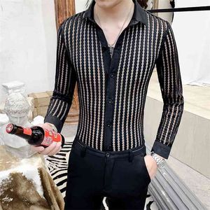 Voir à travers noir hommes chemise à manches longues Slim Fit tenue décontractée chemises Sexy Streetwear boîte de nuit fête sociale vêtements Camisa 210527