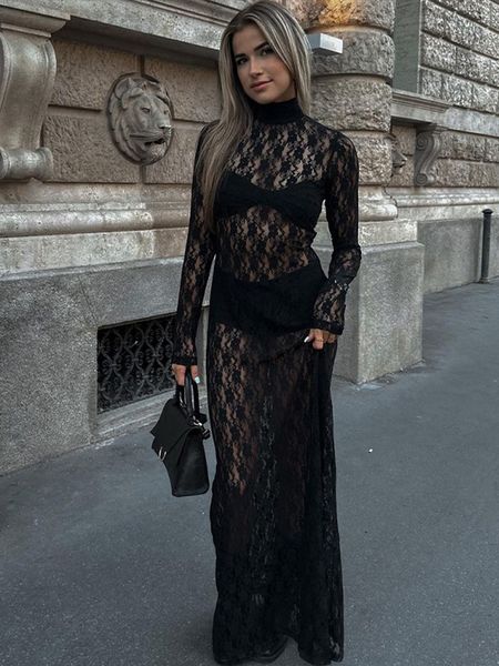 Robe Maxi noire transparente en dentelle florale, maille, Sexy, manches longues, vêtements à la mode, automne 2024
