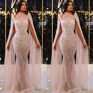 Doorkijk door Mermaid Prom Dresses met Cape Slobined Feather Illusion Avondjurken 2020 Custom Made Celebrity Jurk