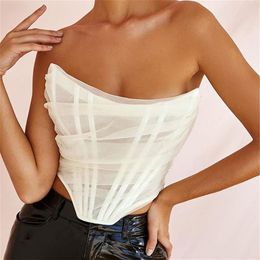 Zien door mesh sexy crop top vrouwen mouwloos off shoulder corset vrouwelijke backless bustier tops ondergoed streetwear2741
