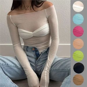 See Through Sexy Lange Mouw Vrouwen T-shirt Slim Girl Fashion Chic Mesh Off Schouder Top Transparant T-shirt Y2k streetwear 240304