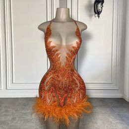 Voir à travers les femmes sexy robes de fête d'anniversaire licou cristaux scintillants filles noires africaines Orange Mini robes de bal courtes 24030