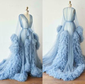 Bekijk hemelsblauwe avondjurk TULLE Long Robe formele prom -jurken gelaagde ruches Vestido de novia