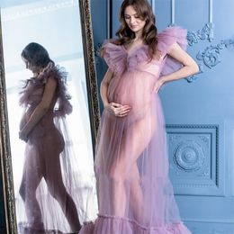 Robe de bal transparente et Sexy, à volants, col en V, en Tulle transparent, longueur au sol, robe de maternité, 2022