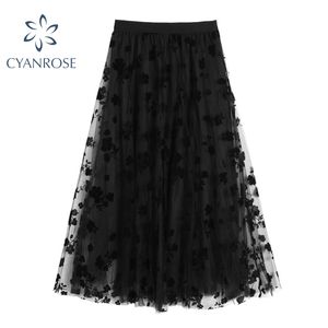 Zie thrushh black mesh florl print borduurwerk rokken vrouwen tule stof retro hoge taille pluizige kleding vrouwelijke casual losse jupe 210417