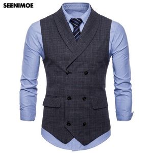 Seenimoe Mens Stripe Plaid Formelle Blazer Gilets Casual Double Breasted Col V Mode M-4XL Mâle Angleterre Style Casual Vests 201105