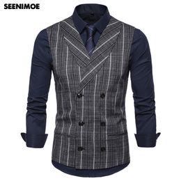 Seenimoe Mens Striped Plaid Formal Blazer Gilets Casual Double Breasted Hommes Gilet costume EU Taille S-XXL Homme Casual Gilet 201106
