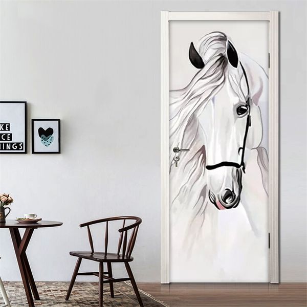 Autocollants de porte 3D auto-adhésifs peints à la main, cheval blanc, peinture murale abstraite, chambre à coucher, salle d'étude, papier peint Mural, décor 220426