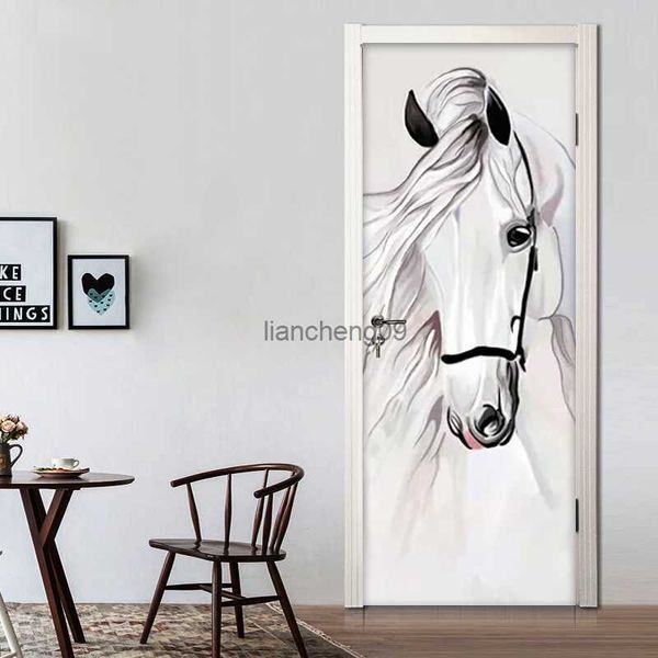 Autoadhesivo 3D Pegatinas de puerta Pintado a mano Caballo blanco Arte abstracto Pintura de pared Dormitorio Sala de estudio Puerta Mural Papel tapiz Decoración L230620