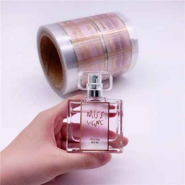 Autocollants transparents en feuille d'or, impression personnalisée auto-adhésive, étiquettes transparentes en rouleau pour bouteilles de parfum