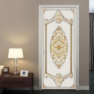 Autocollant de porte auto-adhésif 3D stéréo motif de gypse d'or papier peint style européen salon chambre porte autocollants peinture 3D 210317