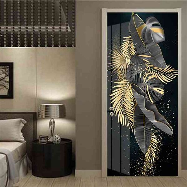 Autocollant de porte auto-adhésif luxe moderne de luxe 3D doré banane feuille papier peint wallpaper salon chambre porte affiche étanche 3D autocollants 3D 210722