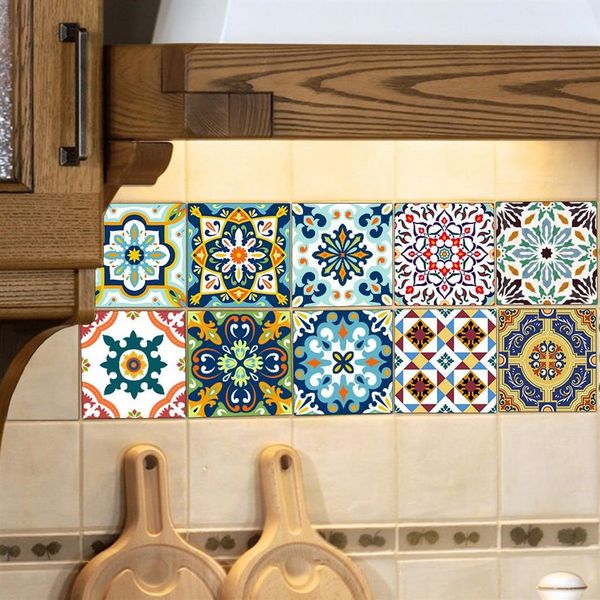 Autocollant mural de carrelage marocain auto-adhésif en PVC résistant à l'huile et étanche pour la maison, salon, chambre à coucher, cuisine, salle de bains 15 15 cm 20 20 cm 20280A
