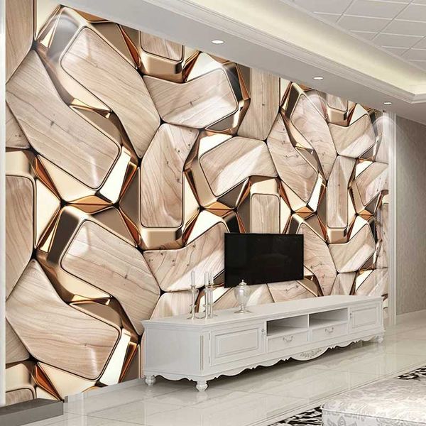 Papel pintado Mural autoadhesivo moderno 3D geometría abstracta patrón de Metal dorado papel de pared fotográfico sala de estar KTV lienzo impermeable