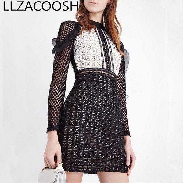 Autorretrato Runway Designer Summer Dress Negro Blanco Patchwork Lace Slim Ruffles Hollow Out Women Mini Dress 210514