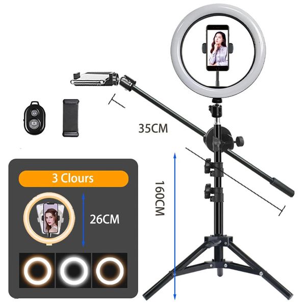 Luces selfie 26 cm Pografía LED Anillo de video Luz Círculo Relleno Iluminación Cámara Po Estudio Teléfono Lámpara selfie con trípode Soporte Brazo brazo 231204