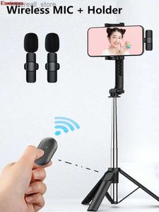 Selfie Monopods Perche à selfie sans fil Bluetooth et microphone sans fil 2 en 1 Mini trépied monopode extensible pour téléphone IOS Android Streaming en direct Q231110