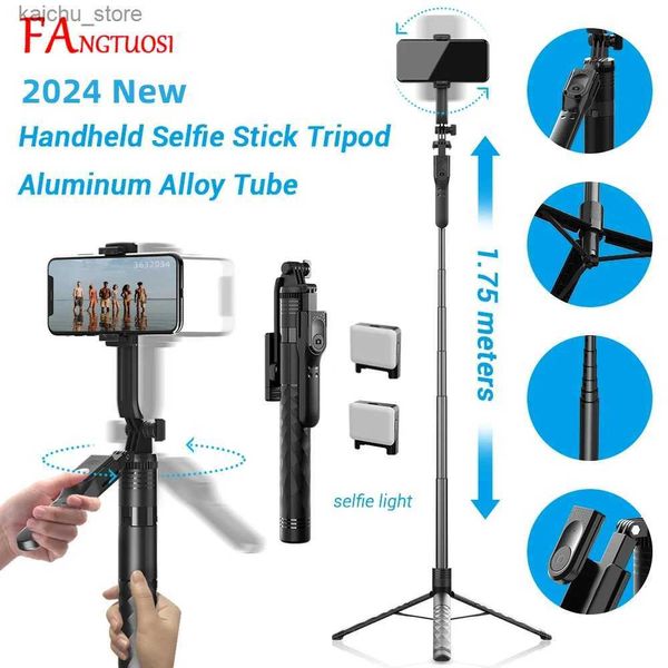 Selfie monopodes Fangtuosi 1750 mm sans fil de trépied de bâton de selfie stand pliable monopode avec lumière LED pour les smartphones équilibrer la prise de vue régulière en direct y240418