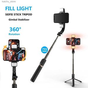 Selfie Monopods Fangtuosi Wireless Bluetooth Stick Stick Handheld Gimbal Stabilising Phone Trépied avec déclencheur léger à double remplissage pour selfie en direct Y240418