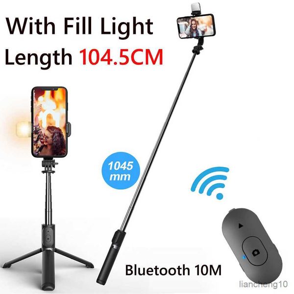 Selfie Monopods Pliable Mini Sans Fil Bluetooth Selfie Stick Trépied Avec Lumière De Remplissage Obturateur Télécommande Pour Samsung Huawei iphone R230713