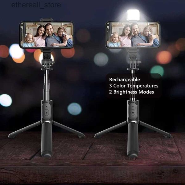 Selfie Monopods Q02S Teléfono inalámbrico portátil Bluetooth Telescópico Selfie Stick Trípode con luz de relleno para iPhone 14 Android Q231110