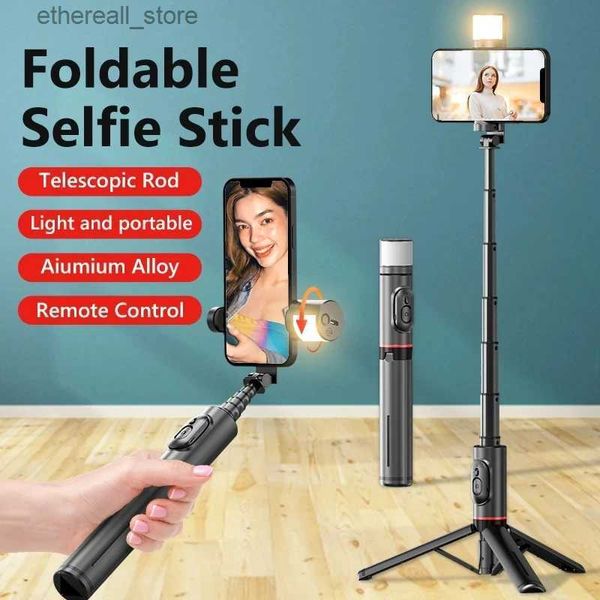 Selfie Monopods Q12S Selfie Stick Trípode con luz de relleno Soporte para teléfono inteligente Diente azul inalámbrico portátil para transmisión en vivo iPhone Android Q231110