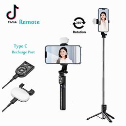 Selfie Monópodos Recargables Bluetooth Wireless Stick Flexible Live Soporthip Tropod plegable con luz de relleno para teléfonos inteligentes 230816