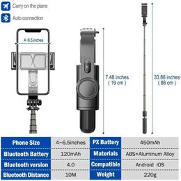 Selfie Monopods Roreta L08 Bluetooth Selfie Stick stabilisateur de cardan de poche support de téléphone portable support monopode trépied sans fil réglable 24329