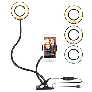 Anneau lumineux pour selfie avec support de téléphone portable pour diffusion en direct et maquillage, alimentation USB, éclairage de caméra LED avec bras longs pour téléphone iPhone Android