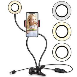 Selfie -ringlicht met mobiele telefoonhouder voor live stream make -up LED -cameraverlichting met flexibele armen compatibel met mobiele telefoons